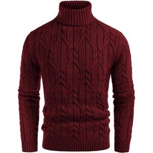 Men's Mock Turtleneck Wine Red Long Sleeve Cable Knit Sweaters Slim Fit Pullover